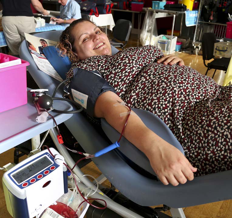 Ursula giving blood in Manchester