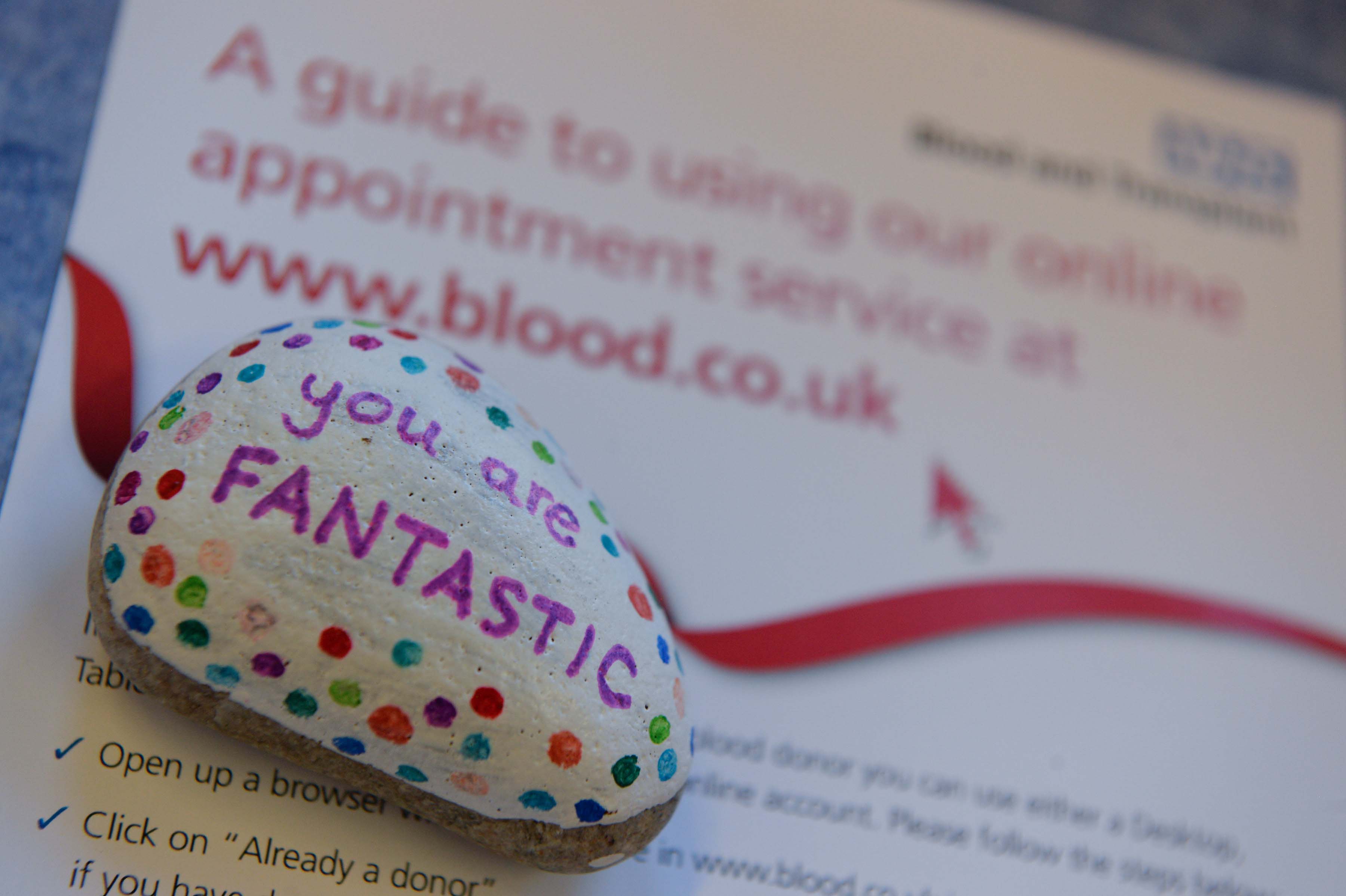 A paperweight sits on top of a guide to using the online blood service