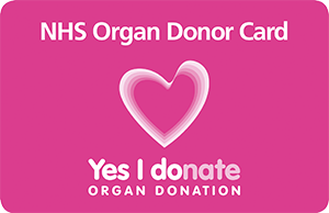 The NHS Organ Donor Card - pink, featuring a heart logo and the words "Yes I donate"