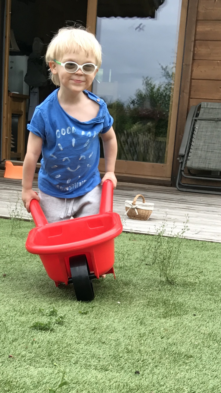 Benjamin plays with a red wheelbarrow in a garden