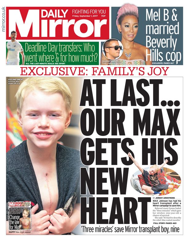 A Daily Mirror front page headline that reads "At last... our Max gets his new heart" with an image of a smiling Max showing off his operation scar