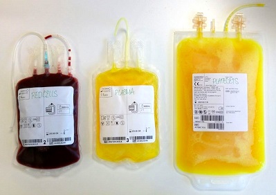 Bags of blood components, including: red cells, plasma and platelets