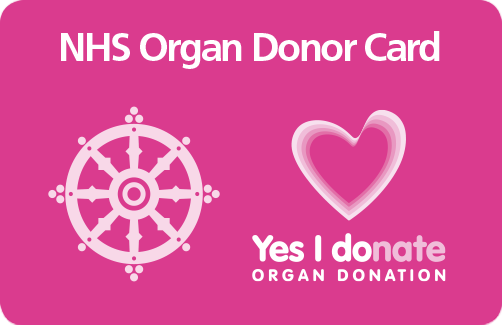 NHS organ donor card with Buddhist symbol