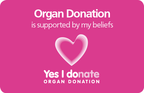 NHS organ donor card with "Organ Donation is supported by my beliefs" message