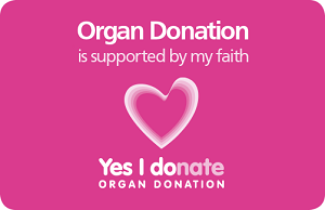NHS organ donor card with 'Organ donation is supported by my faith' message