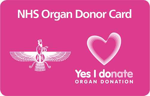 NHS organ donor card with Zoroastrian symbol