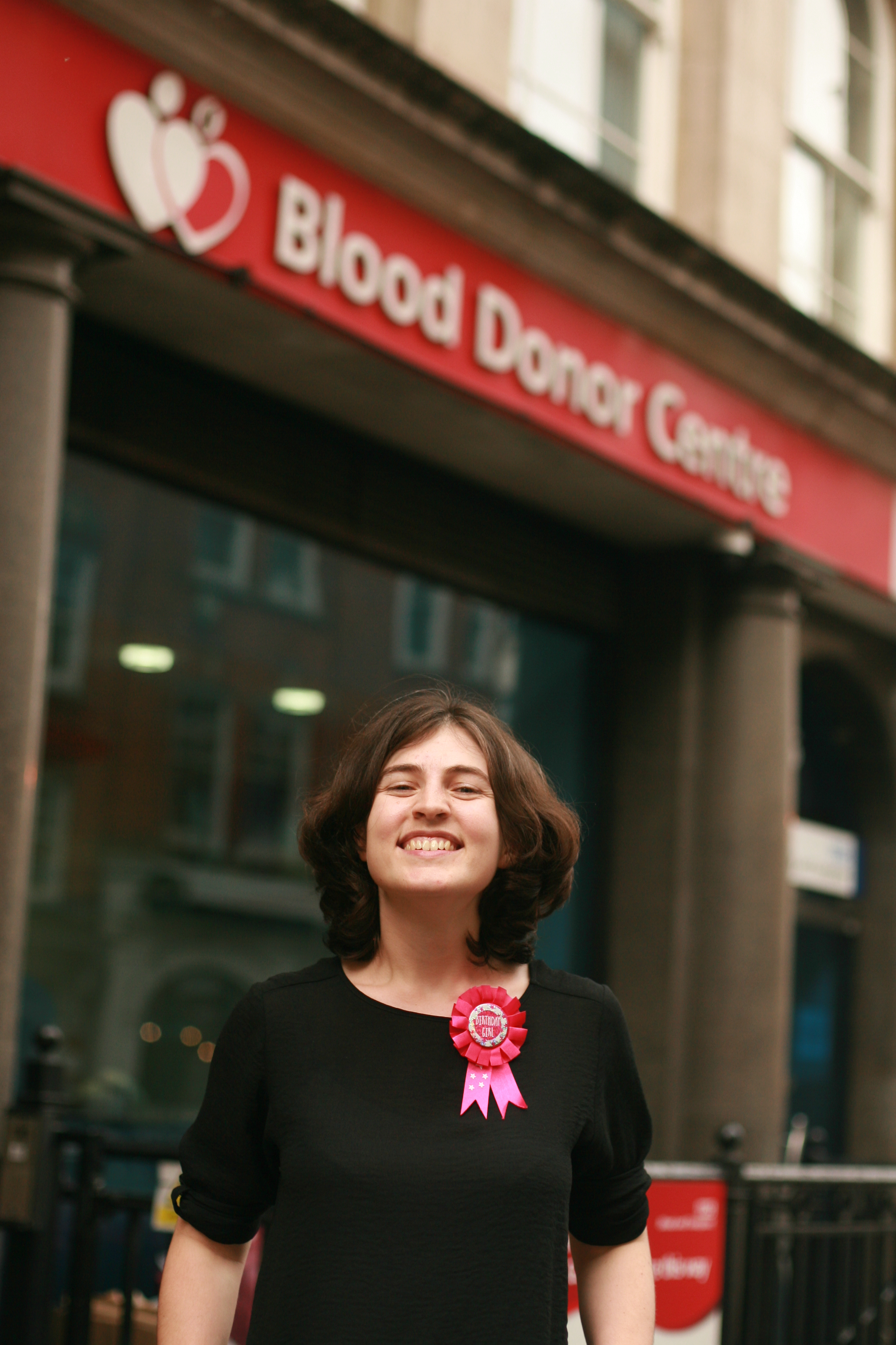 Lucia Chaplin outside the West End Donor Centre
