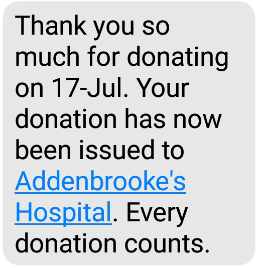 A text message displays where a donation has gone