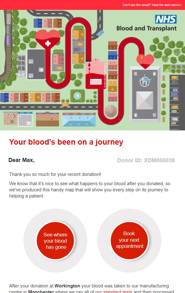 A Google Map showing the journey of a blood donation