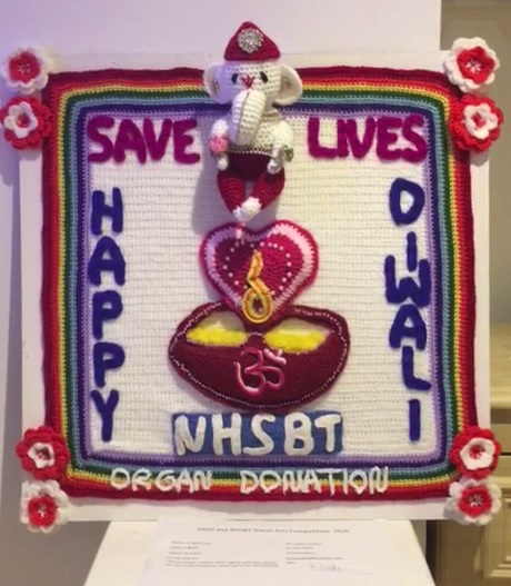 Demi Ladwa's winning crocheted entry, depicting the god Ganesh and featuring the words: "Happy Diwali. Save lives. NHSBT Organ Donation."