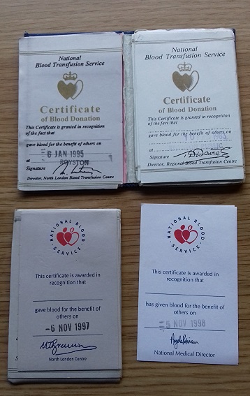 Jane's certificates from years of donating