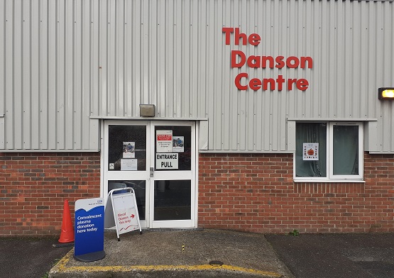 Give blood and plasma a-boards outside the Danson Centre door