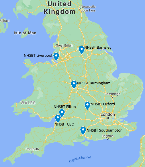 UK map showing the NHSBT CMT locations
