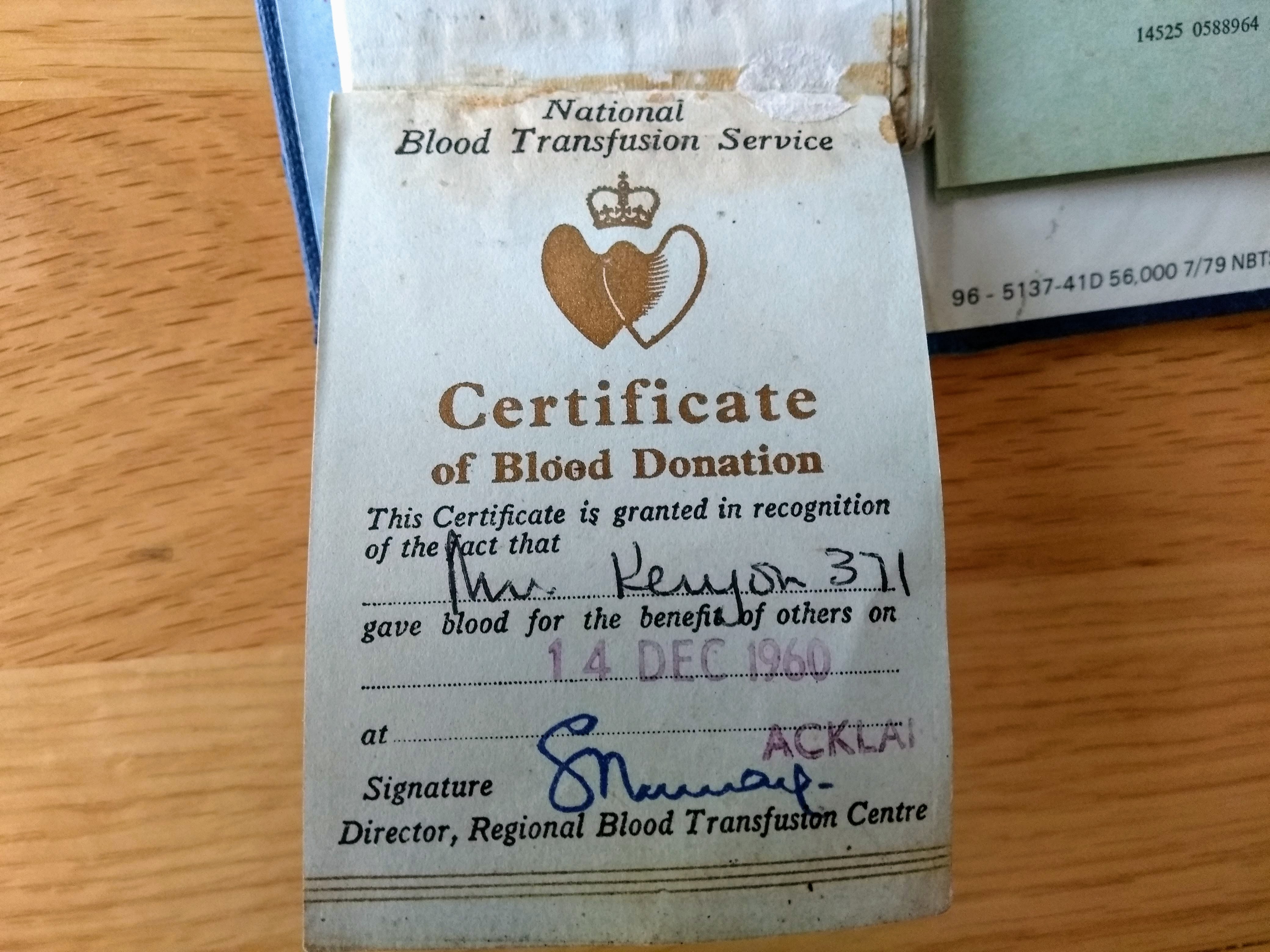 Chris' first donation certificate