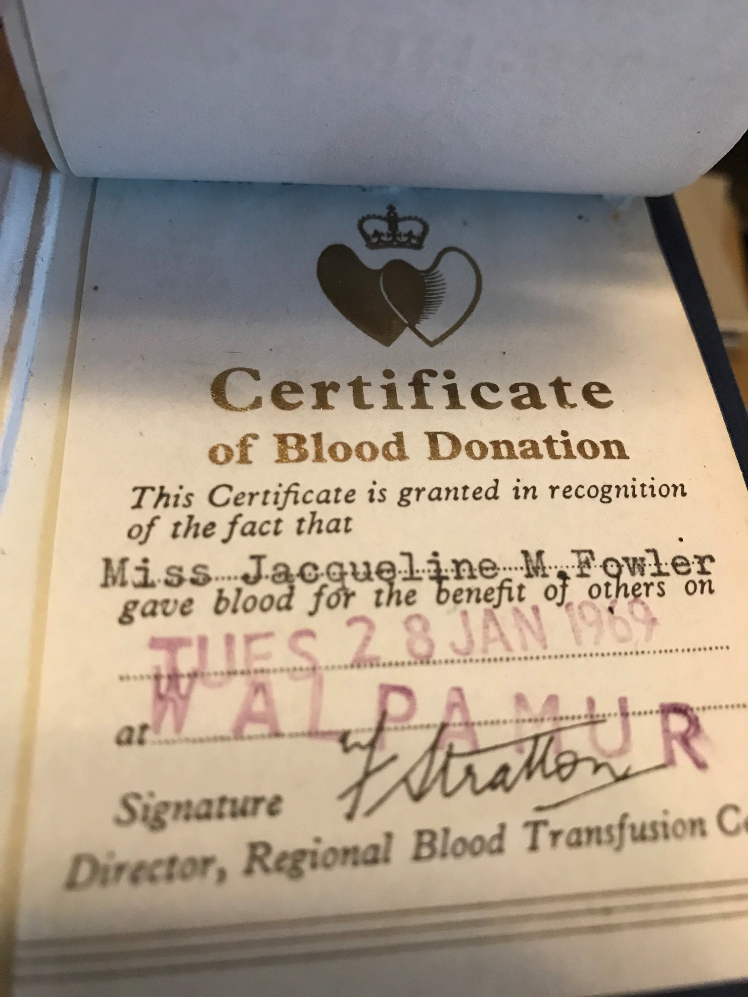 Jacqueline's first donation certificate