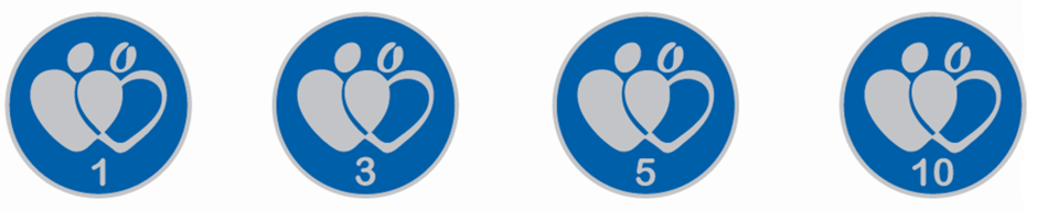 Pin badges for 1, 3, 5 and 10 donations show 2 hearts on a blue background