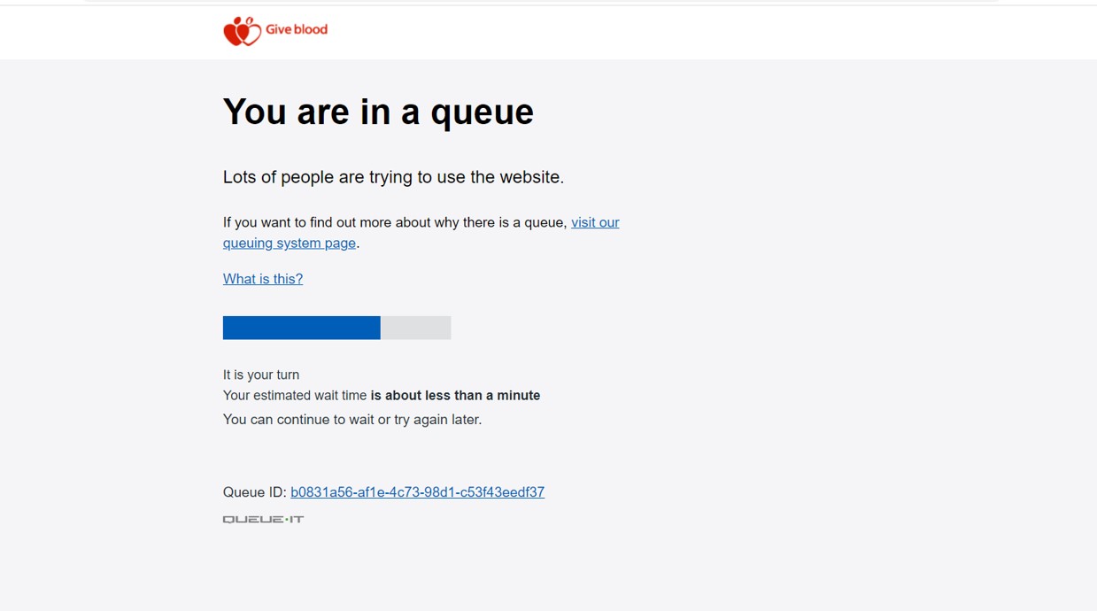 Example screenshot of Give Blood queue message, details how many people are ahead of you in the queue