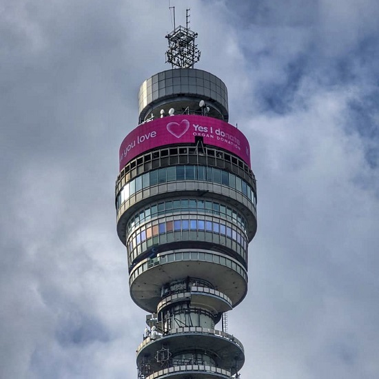 The BT Tower in London lit up pink in support of Organ Donation Week