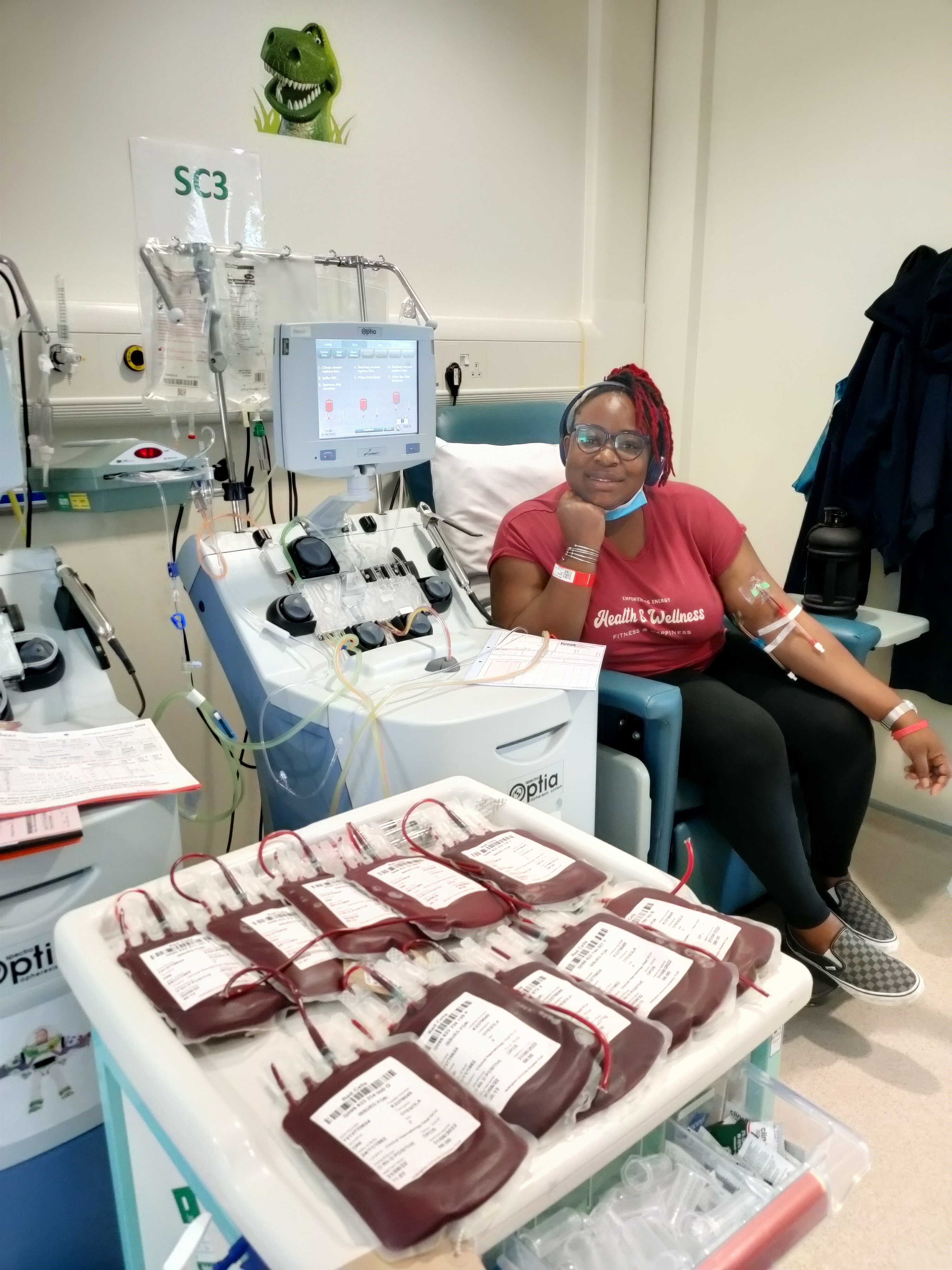 Oyesola Oni receiving blood transfusion