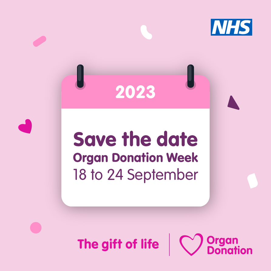 Pink "save the date" infographic: Organ Donation Week 2023, 18 to 24 September