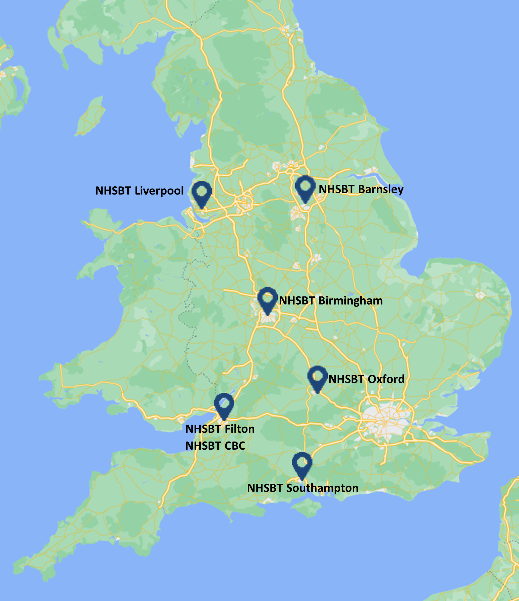 Map showing NHSBT Cellular and Molecular Therapies UK locations