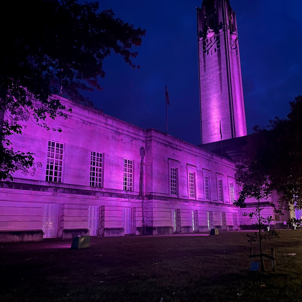 An image of the Brangwyn Hall in Swansea, lit up pink for Organ Donation Week