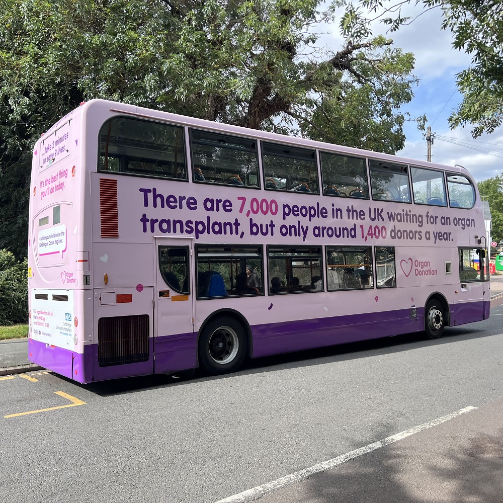 An Organ Donation themed bus on the move in Cambridgeshire