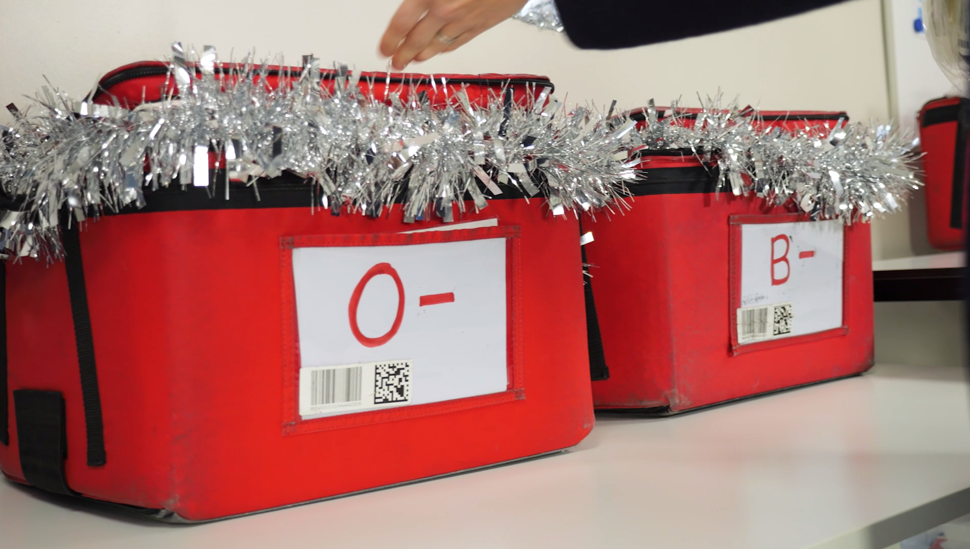 O negative and B negative blood boxes with festive trim