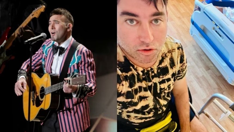 Two images of Sufjan Stevens. On the left, he is performing on stage. On the right, he is taking a selfie in a medical setting.