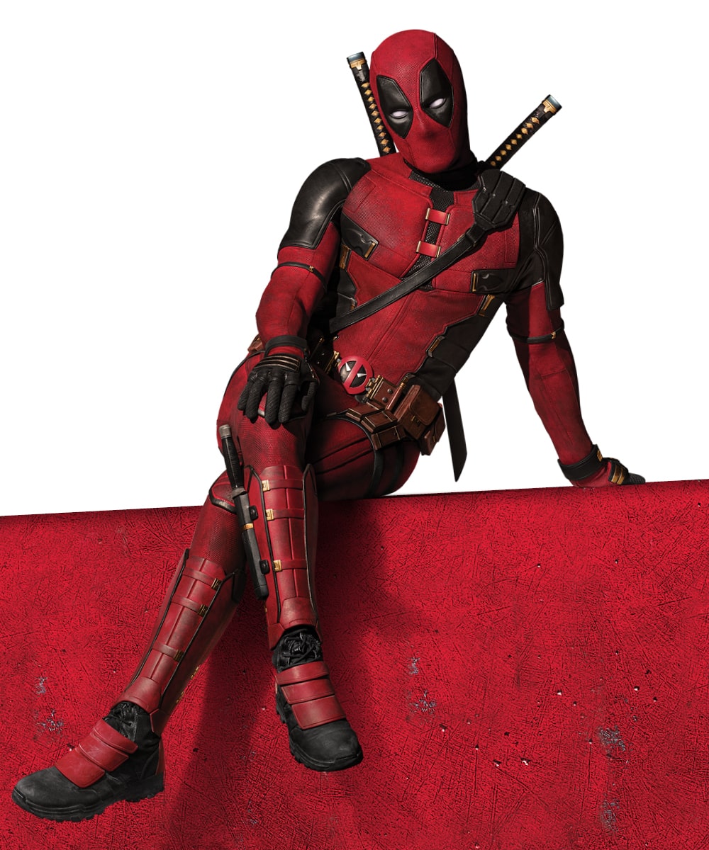 Deadpool sitting on ground, legs crossed