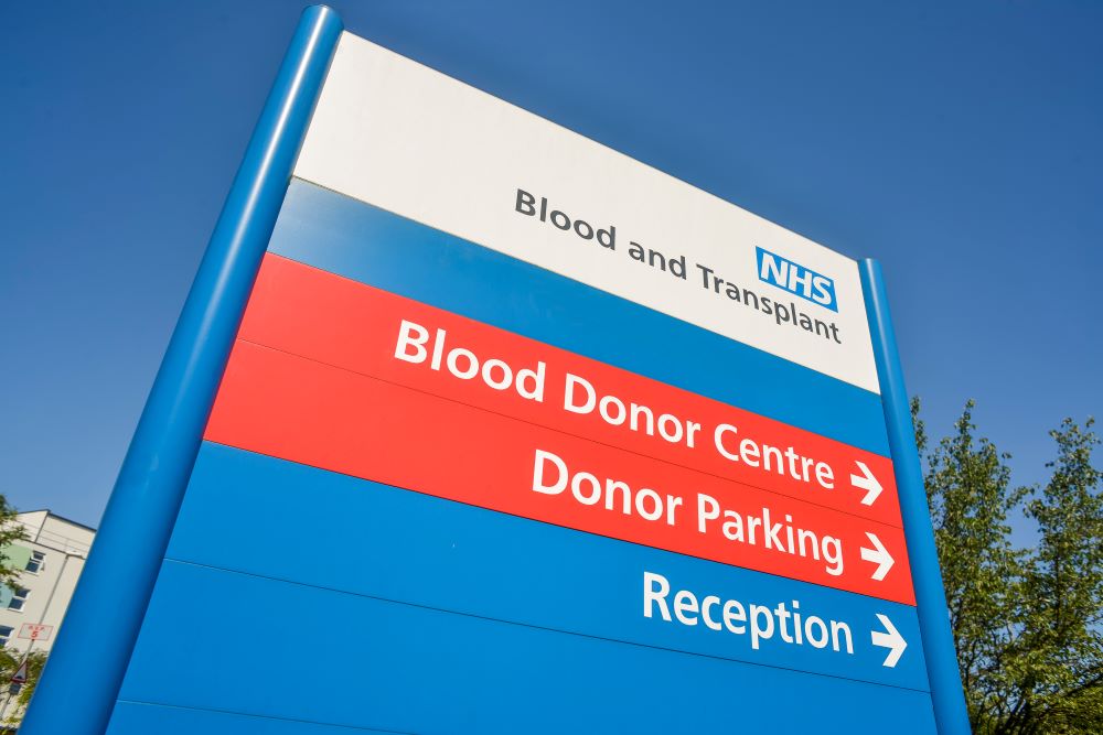 NHSBT blood donor centre sign