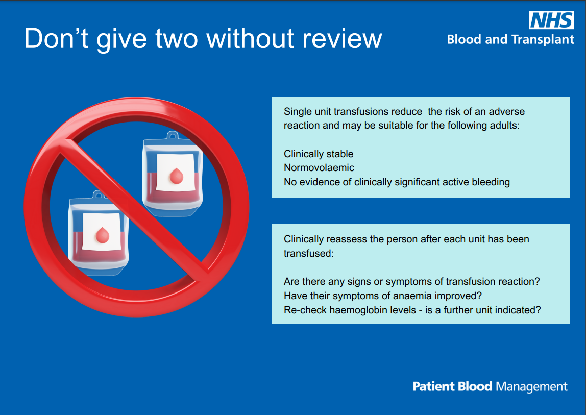 Graphic showing two units of blood that are crossed out, with text advocating for a single-unit transfusion approach