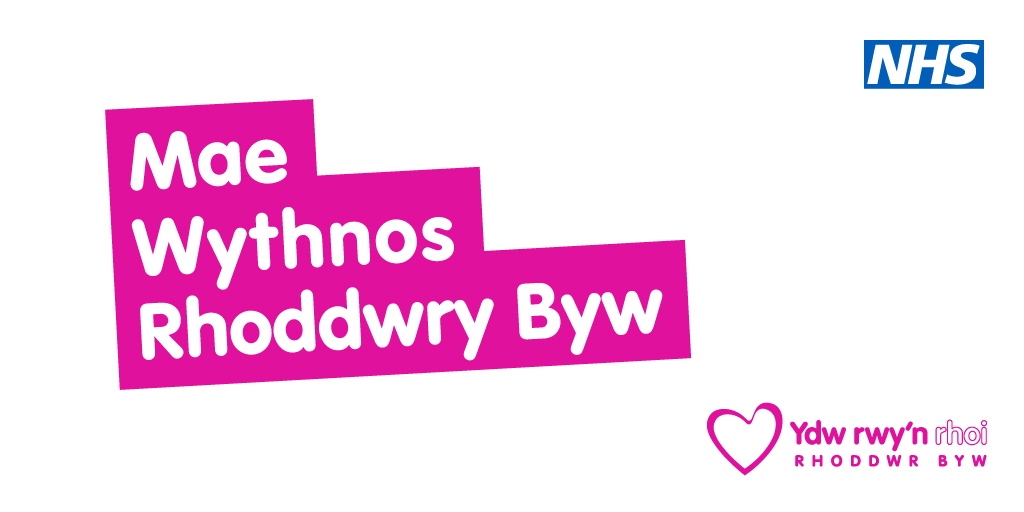 Graffigyn yn dangos y geiriau “Mae hi’n Wythnos Rhoddwyr Byw” mewn gwyn ar gefndir pinc, gyda logo’r GIG a’r logo Ydw, dwi’n rhoi: Rhoddwyr Byw.