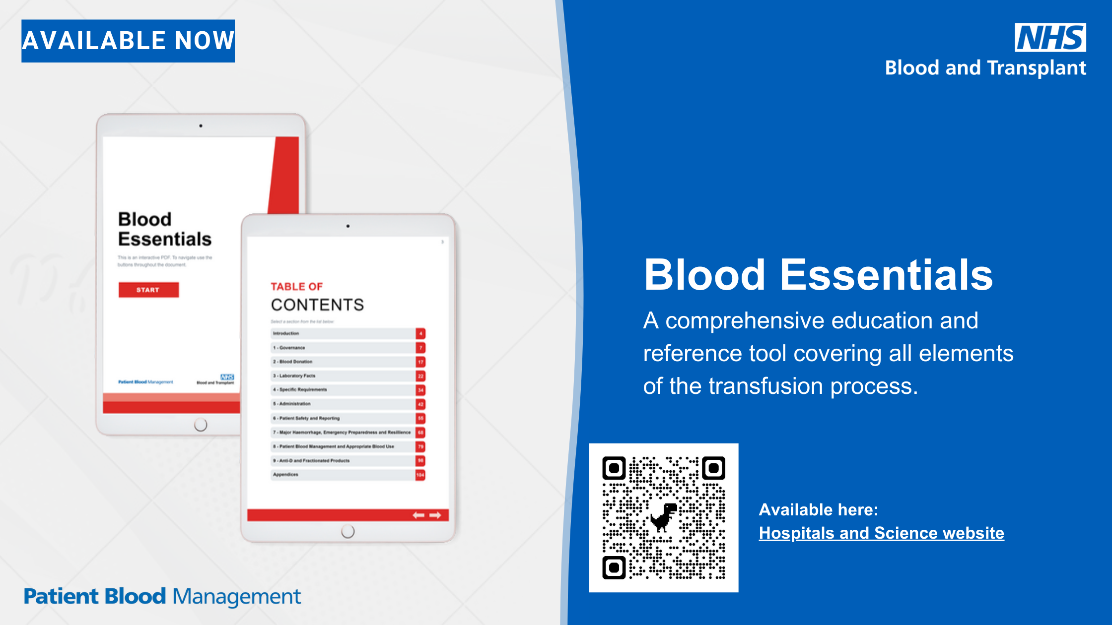 Graphic showing Blood Essentials app on an iPad device