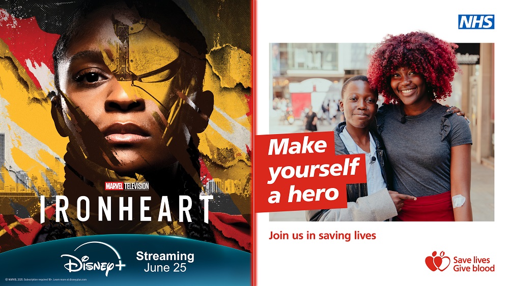 Disney Ironheart logo next to an image of a donor with text saying 'Make yourself a hero'