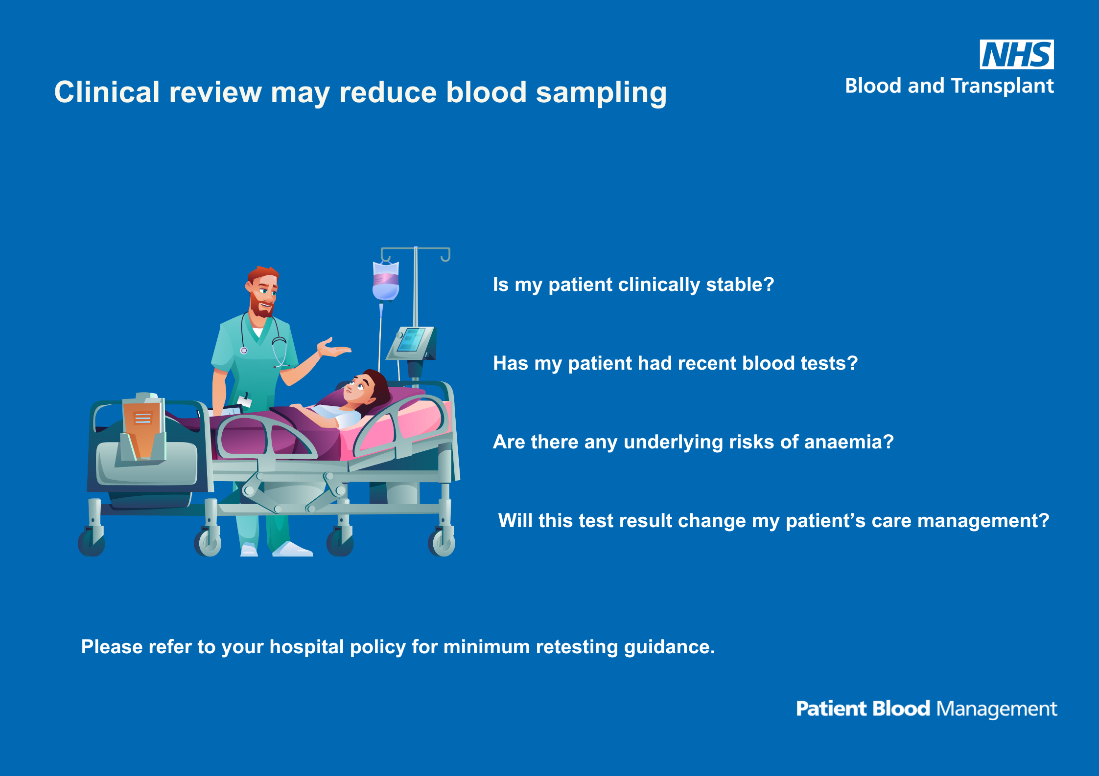 Graphic showing a patient in bed on a drip with a doctor at the bedside with text describing a clinical assessment to reduce the risk of iatrogenic anaemia.
