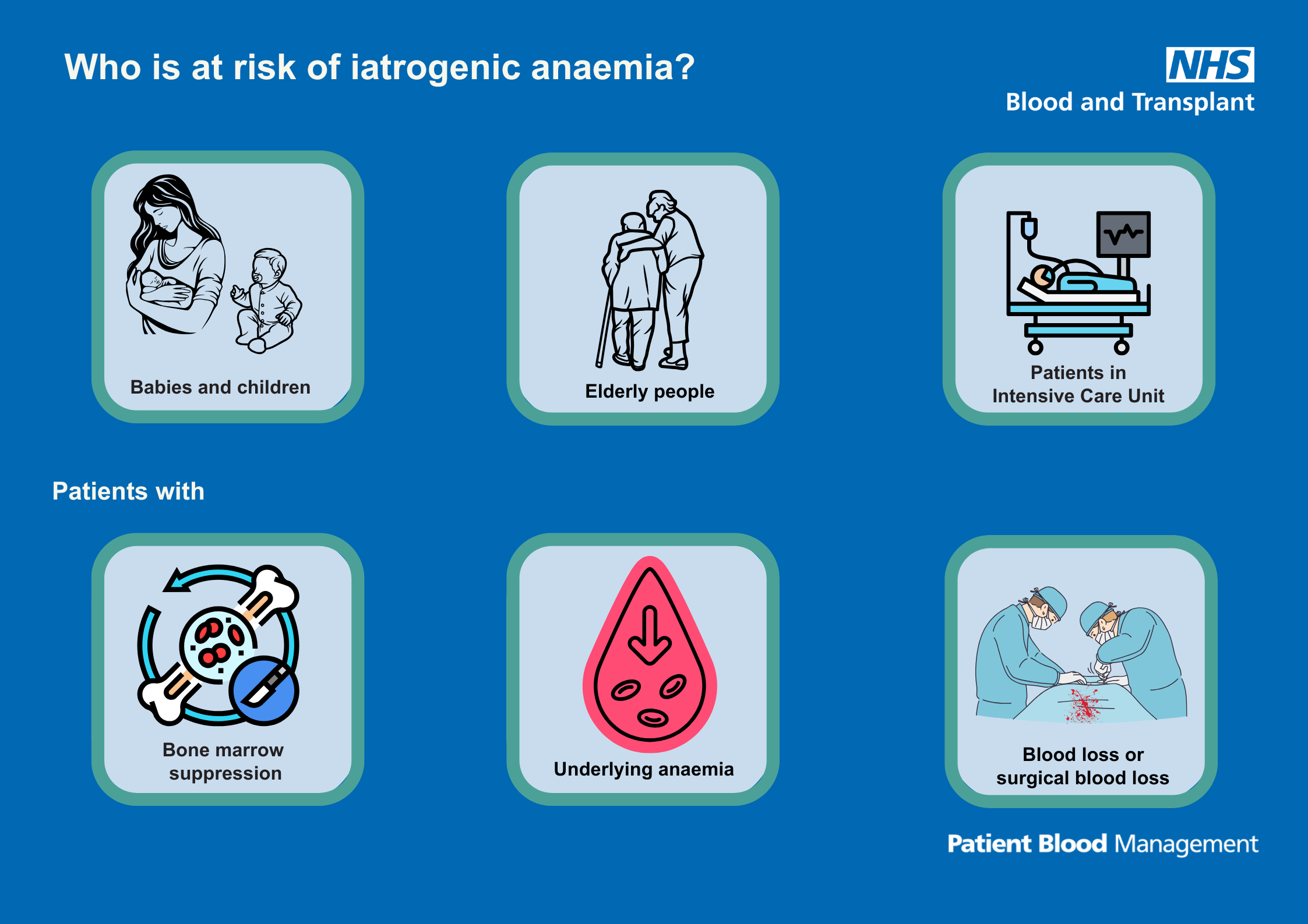 Graphic showing a mum and baby, an elderly man and woman, a patient in bed attached to heart monitor, bone marrow, a blood drop with three red blood cells inside it, two surgeons operating, with the text describing the groups at risk of iatrogenic anaemia.