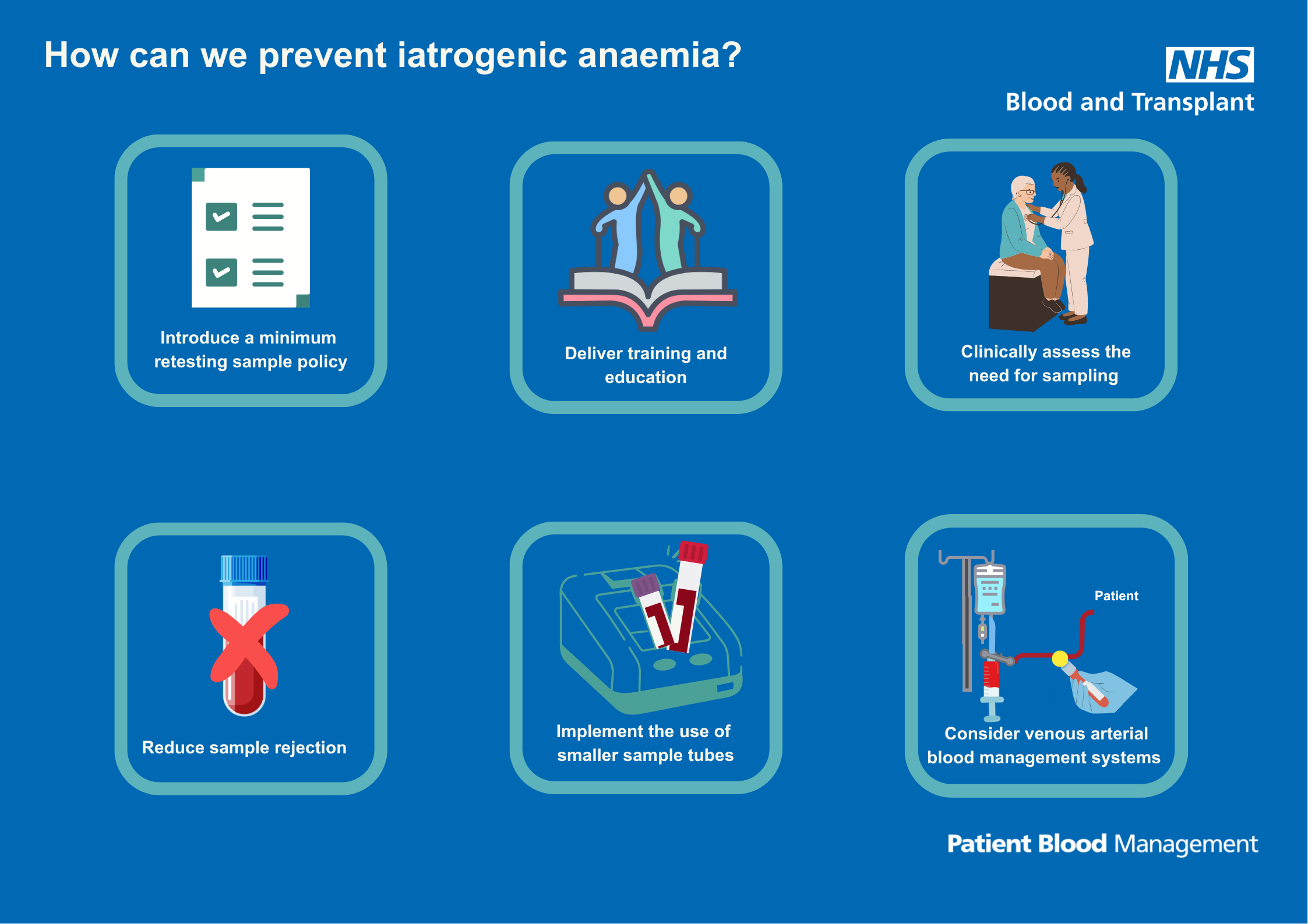 Graphic showing a document, two people, an elderly person being examined, a blood sample with a cross, a small sample tube and a large sample tube, a patient with a syringe, with text describing ways iatrogenic anaemia can be prevented