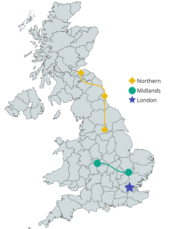 Map of the UK showing locations of liver collaboratives, grouped by region