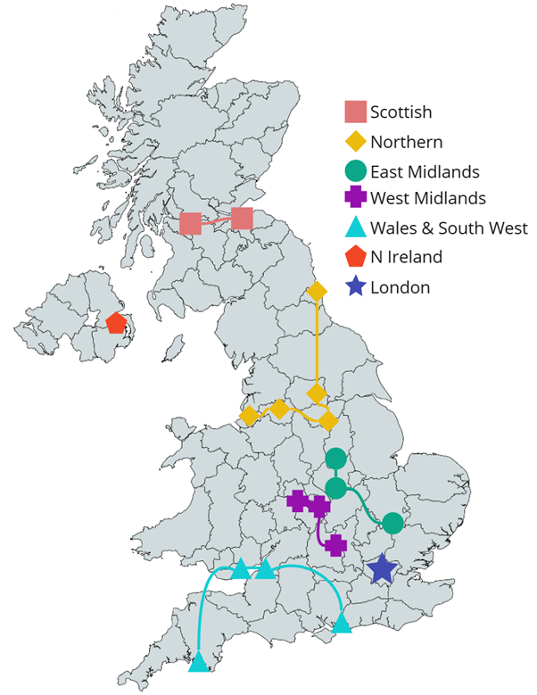Map of the UK displaying the locations of kidney collaboratives, grouped by region