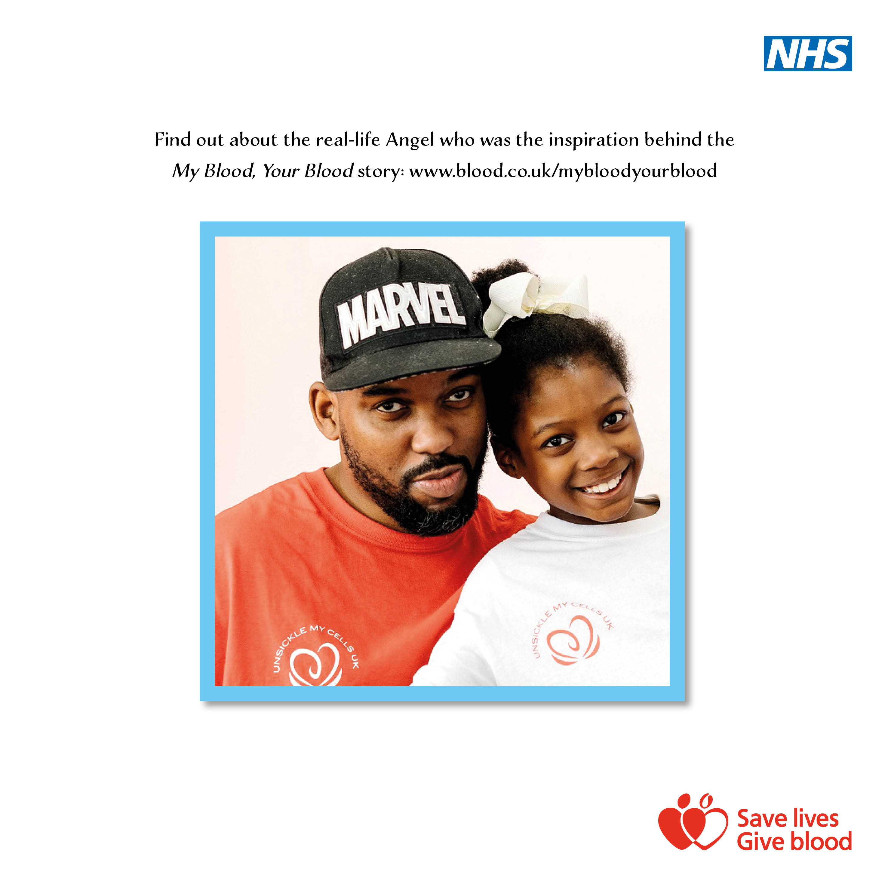 Kehinde and Angel in an NHSBT graphic which reads "Find out about the real-life Angel who was the inspiration behind the 'My Blood, Your Blood story: www.blood.co.uk/mybloodyourblood"