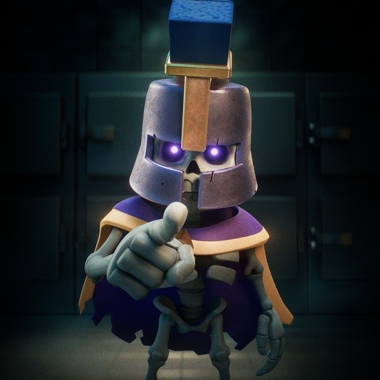 An armoured Skeleton Army general with glowing purple eyes points his finger as if giving orders