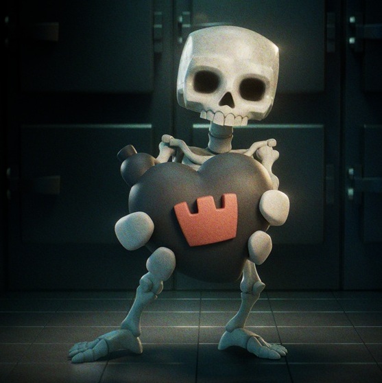 A Skeleton Army recruit clutches a Clash Royale branded heart
