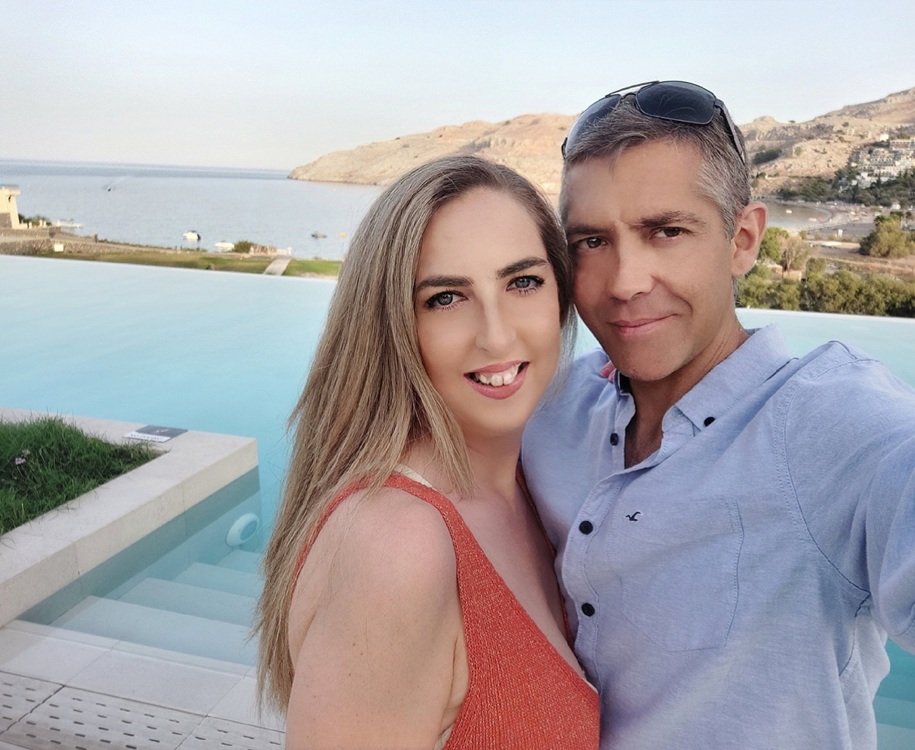 Wendy and Richard take a selfie in a resort in Rhodes, Greece