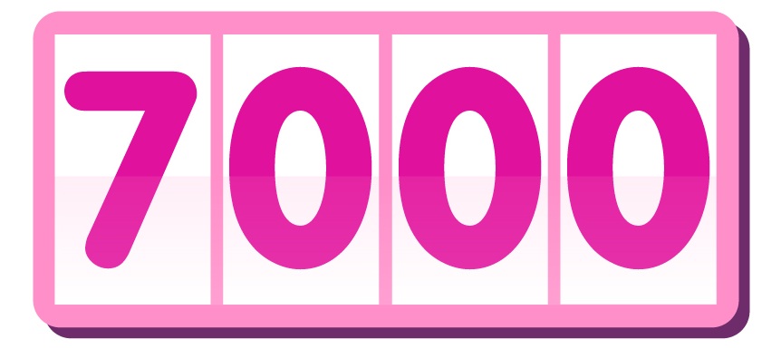 Pink and white graphic showing the number 7000 in flip-counter style