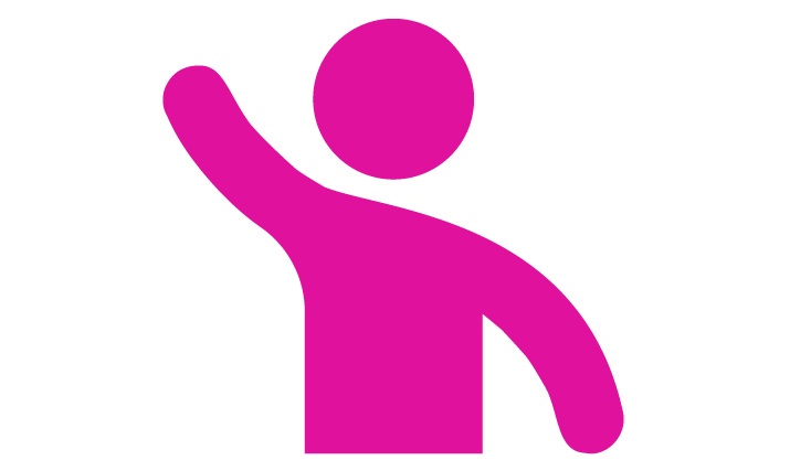 A pink and white graphic showing a person raising their hand