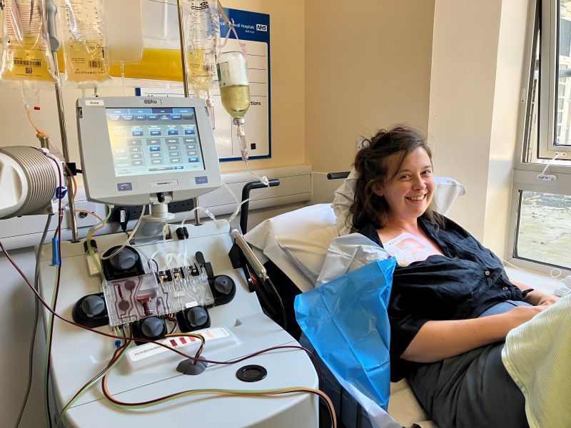 Jessica receiving a plasma transfusion