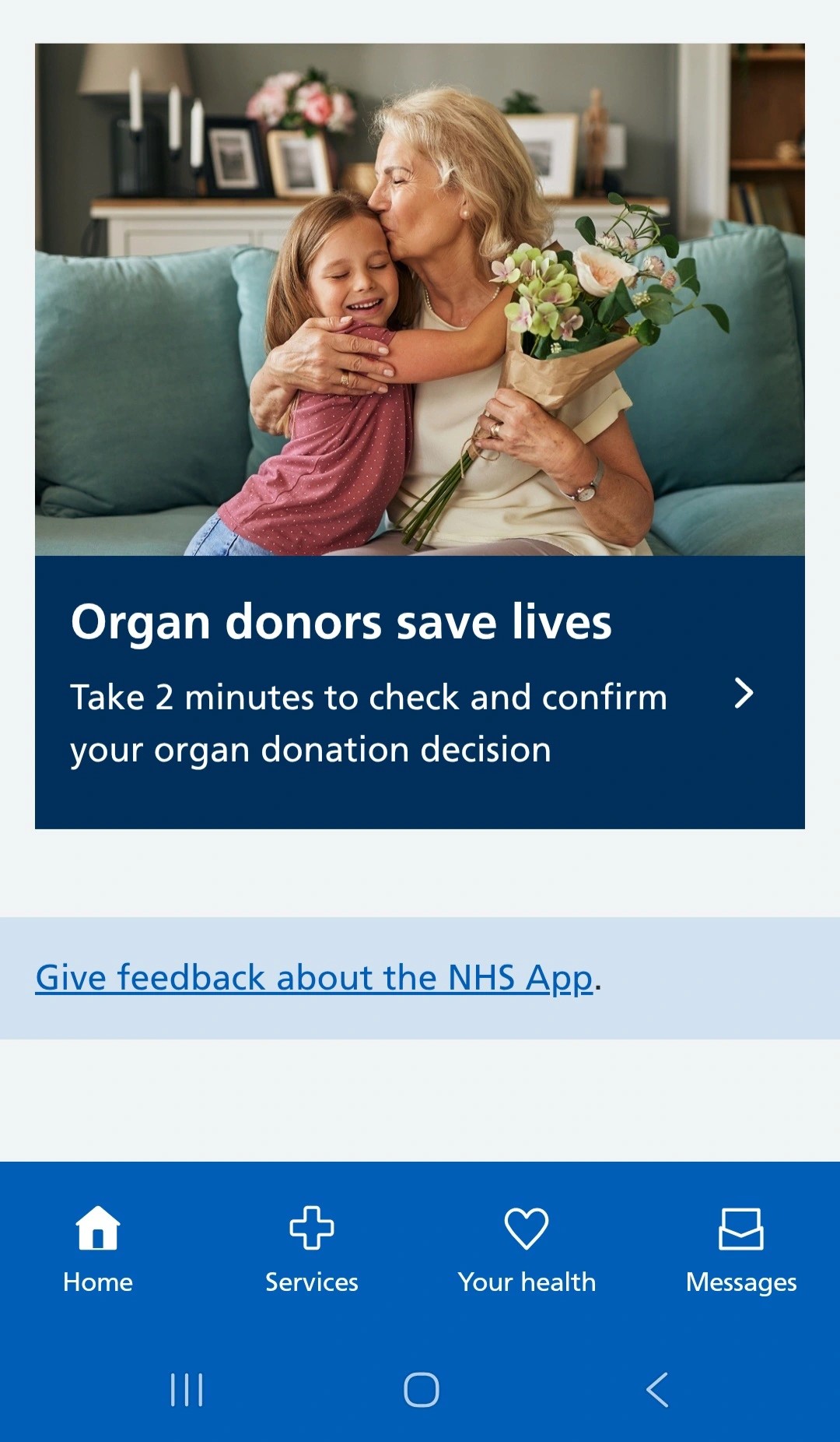 A screenshot of the NHS App, showing the organ donation decision tile presented in the NHS App