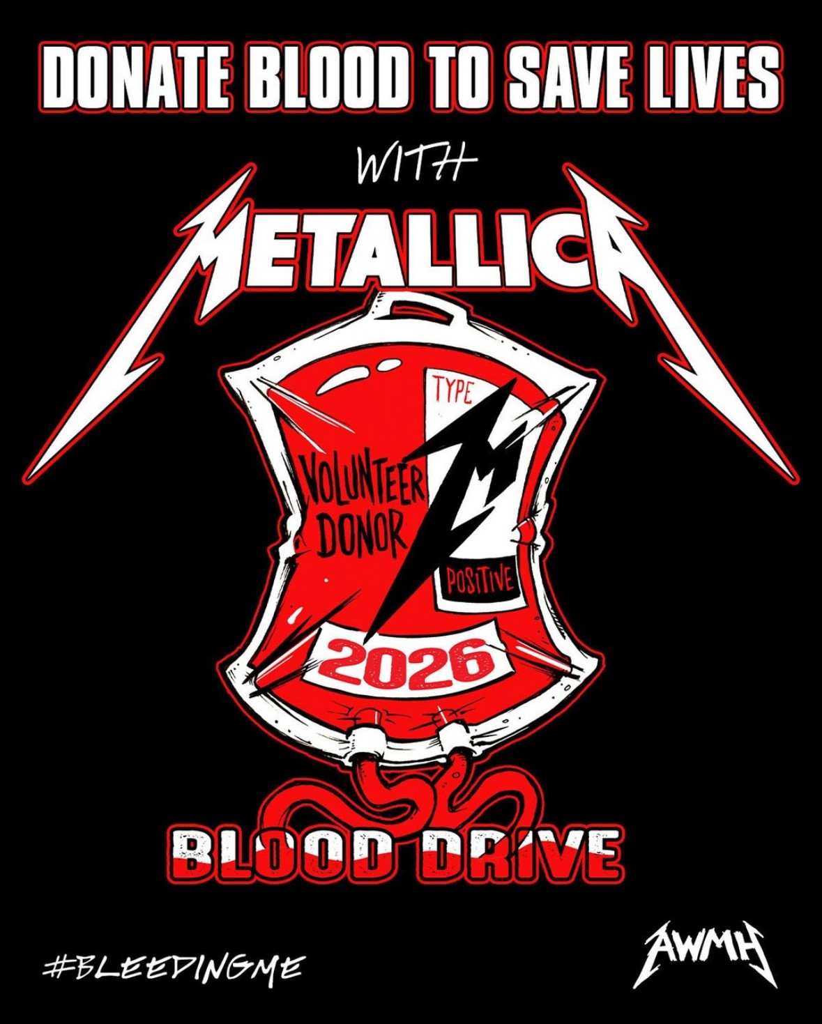 Metallica blood drive graphic, saying "Donate blood to save lives with Metallica"