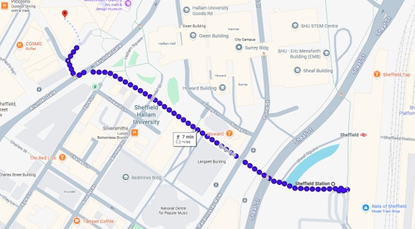 Example image from Google Maps, showing the walk from Sheffield station to the conference venue